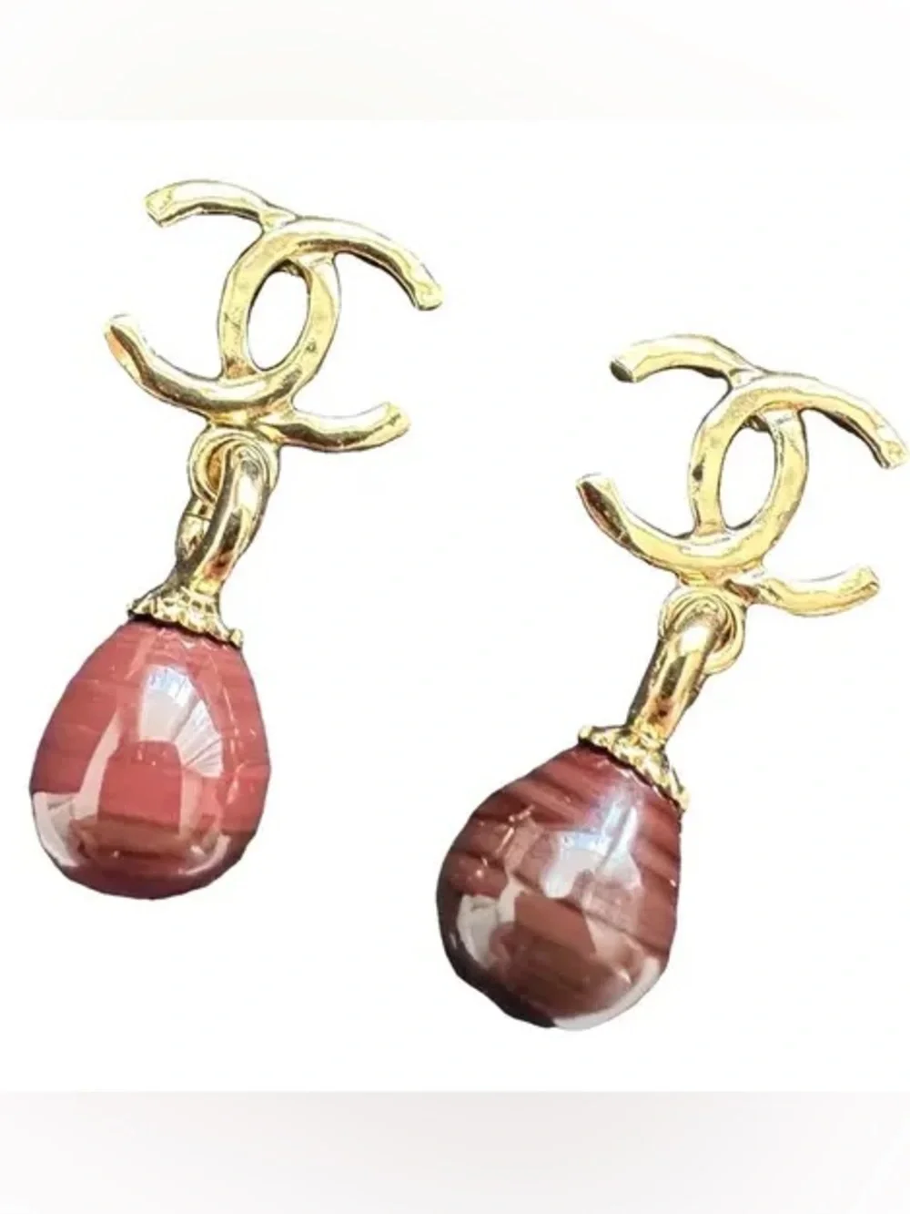 Chanel Gold-Tone CC Drop Earrings with Red Stone 2023